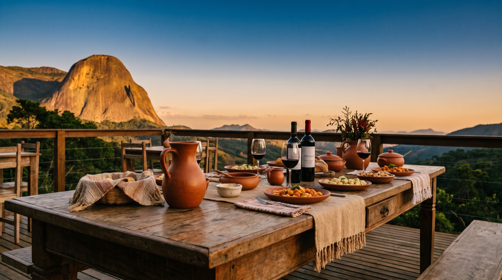 Mesa posta com vista para a Pedra Azul ao entardecer